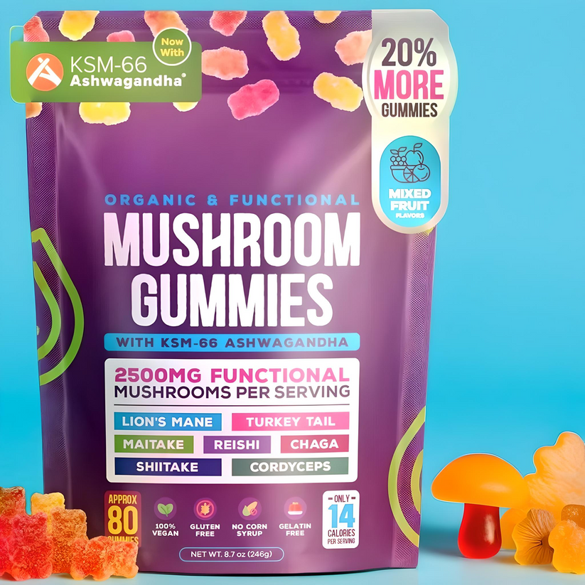 Package of mixed fruit flavor mushroom gummies with functional ingredients.